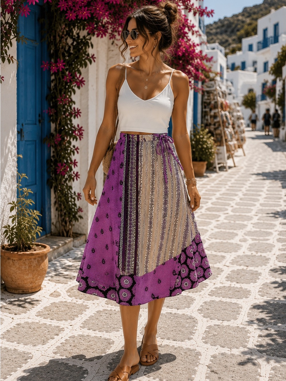 Wayan wrap skirt pink boho patchwork print made one size .
